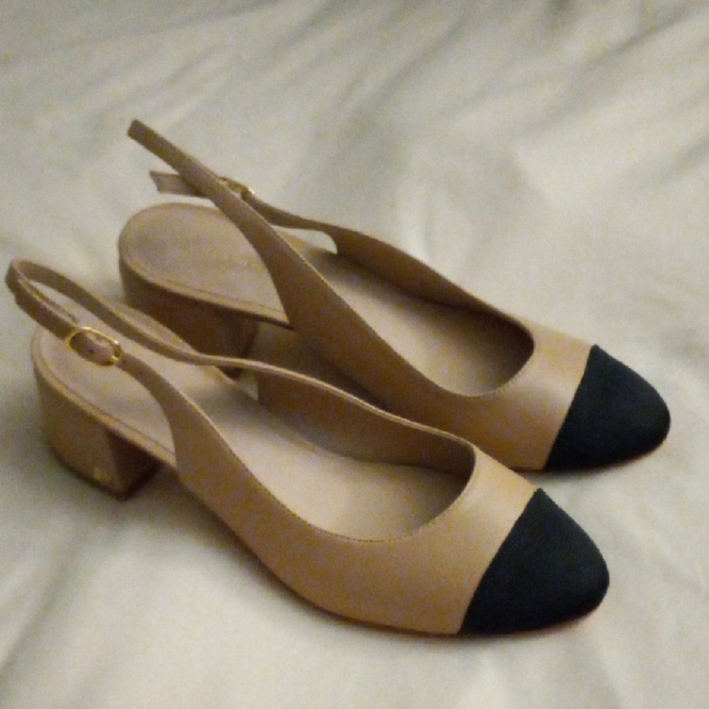 Stuart Weitzman Tan and Black Slingback Heels
